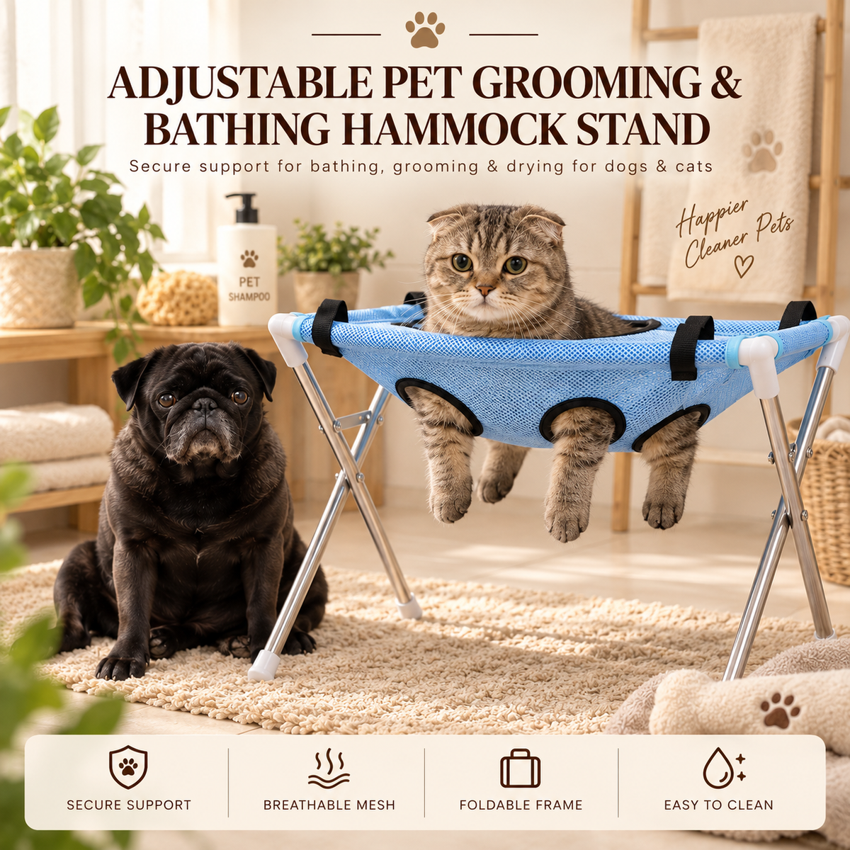 Adjustable Pet Grooming & Bathing Hammock Stand for Dogs & Cats